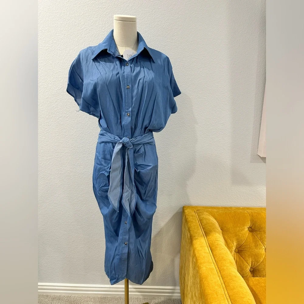 Sweetkama Blue Midi Shirt Dress with Tie Waist - Picture 2 of 4